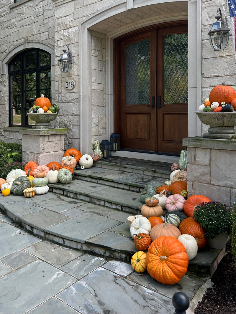 Decorative pumpkins and gourds on steps leading to a stone house entrance.