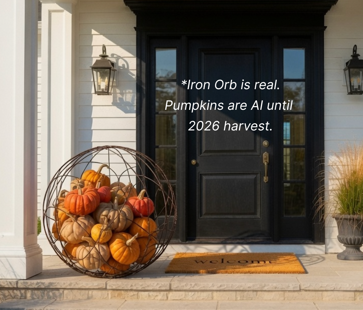 41" iron orb filled with pumpkins on the front porch of a beautiful home.