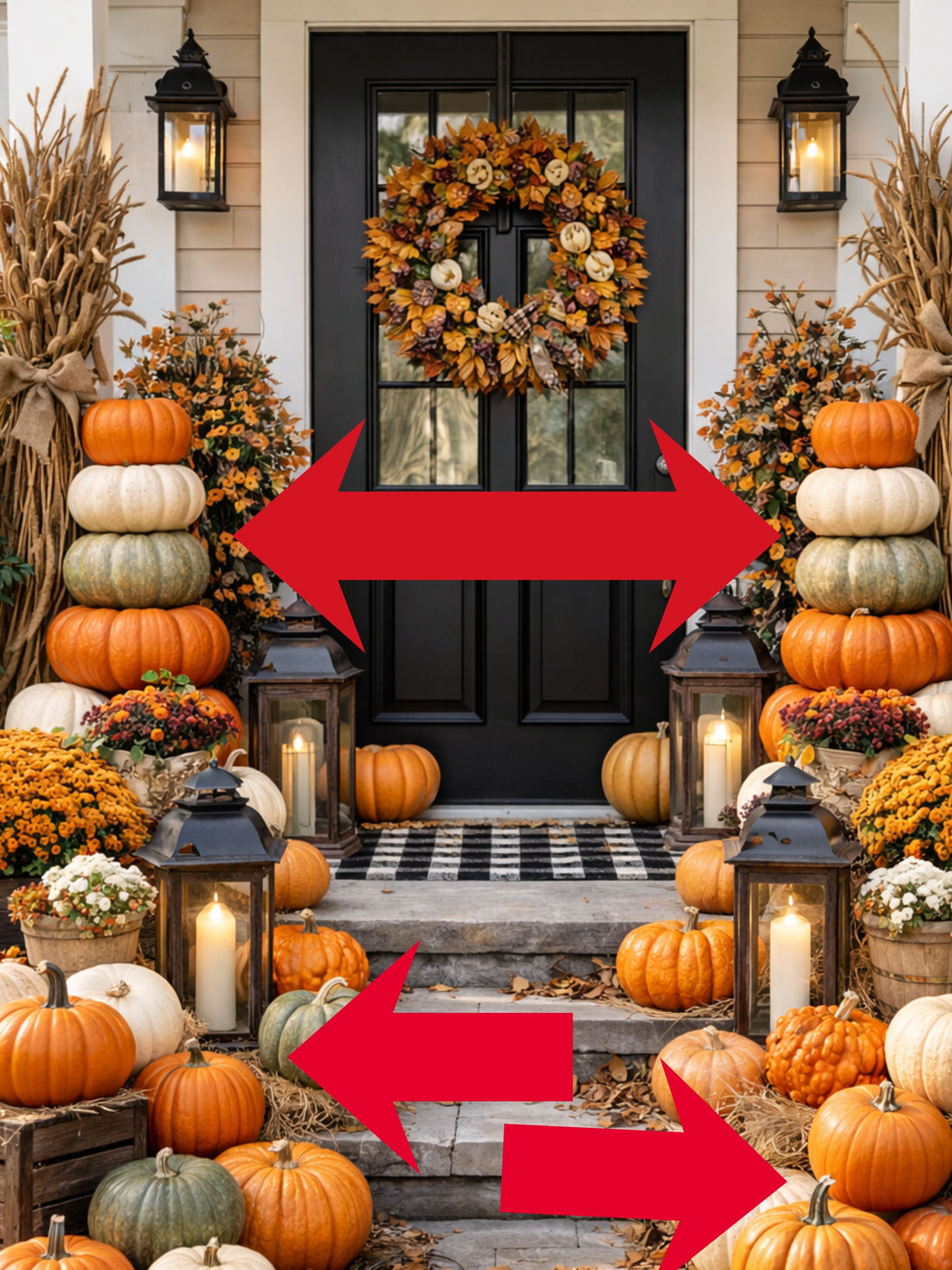 A porch is decorated with pumpkins stacked and sitting on steps. Red arrows point to how you can tell this is an AI image.