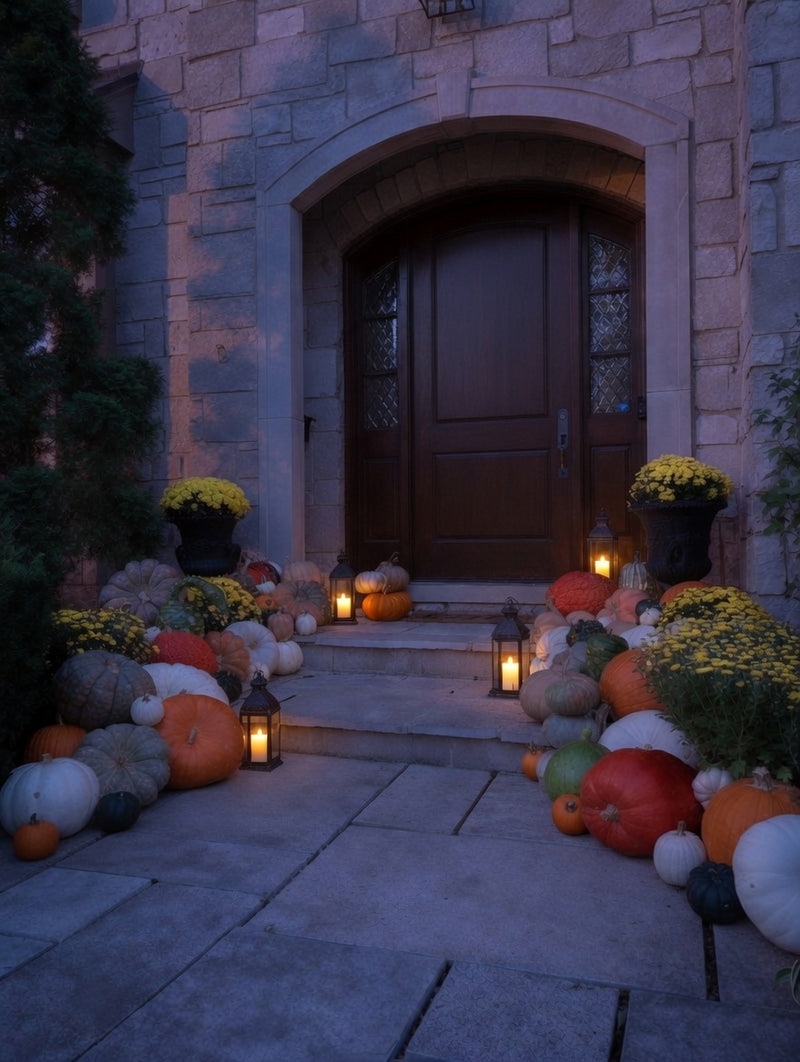 A stone building front porch decorated for autumn, with a large wooden door framed by stacked pumpkins and gourds, yellow flowers, and lit lanterns on the steps and walkway.