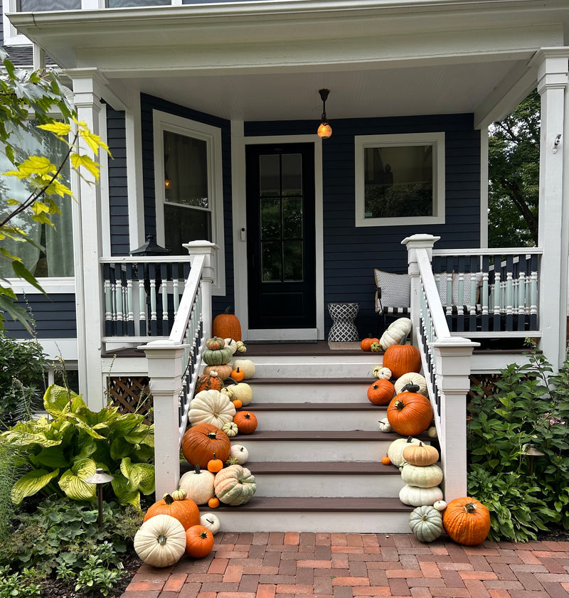 Decorative arrangement of pumpkins on a front porch with a blue house in the background