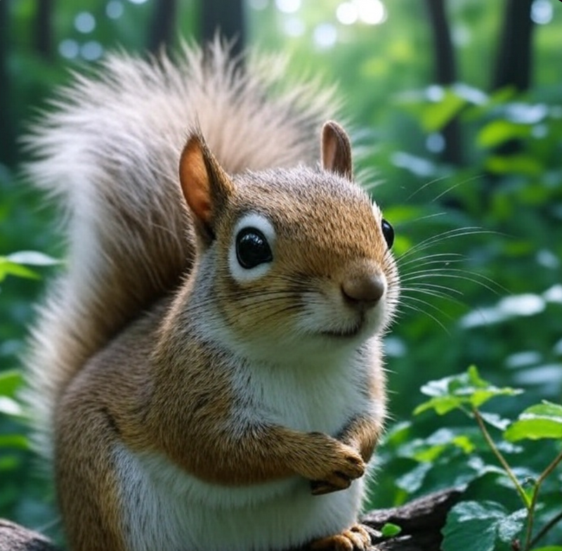 Squirrel in a forest setting with green foliage