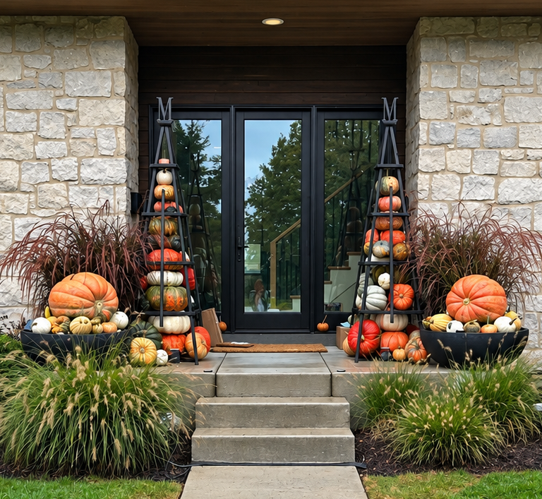 A front yard entryway with a stone house facade, black glass double doors, a concrete walkway, and seasonal autumn landscaping. Two tall decorative towers and large black planters filled with pumpkins and gourds are arranged on both sides of the steps.
