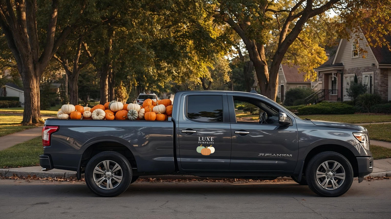 Gray pickup truck with pumpkins in the bed parked on a residential street.