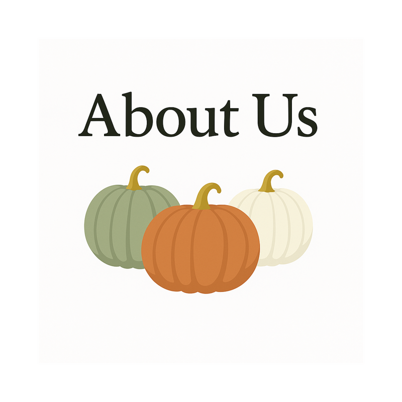 Three pumpkins in green, orange, and white with 'About Us' text on a white background