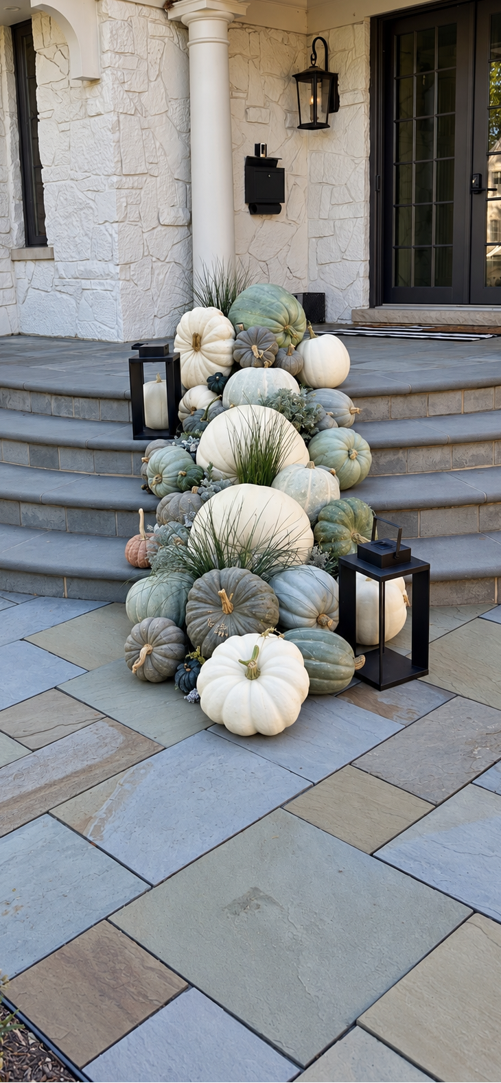 An autumnal pumpkin and gourde arrangement displayed on the front steps of a stone house, flanked by two black lanterns on a stone patio.