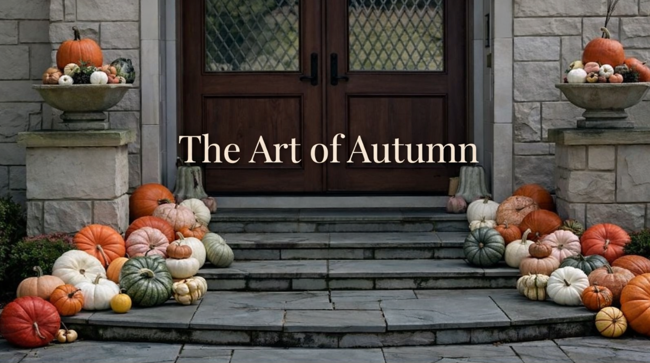 Luxury porch pumpkin display by Luxe Pumpkins, Chicago suburbs.