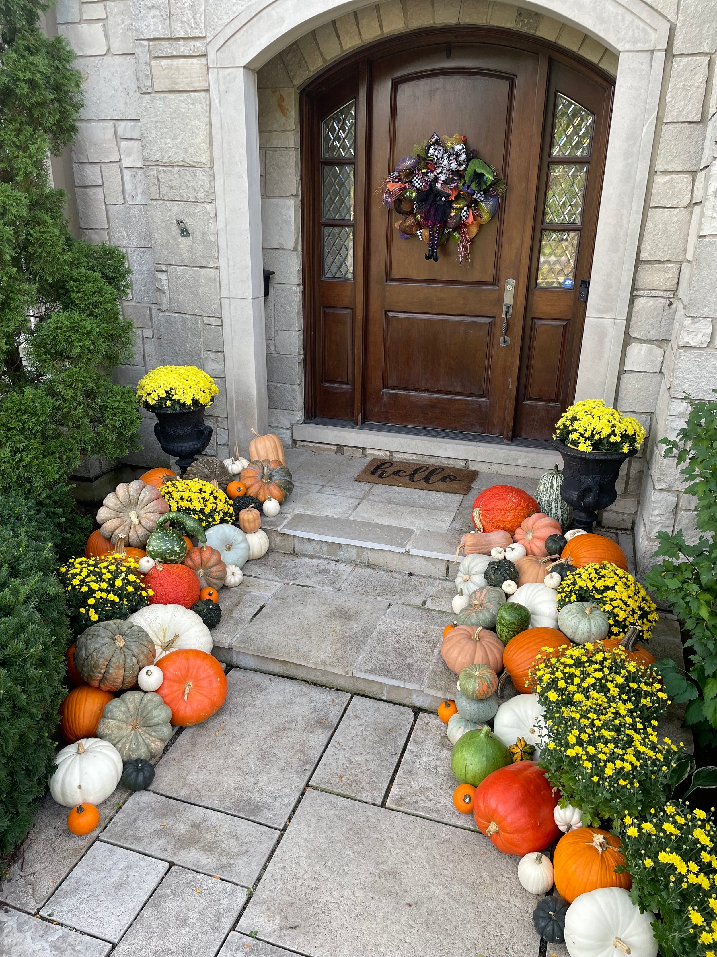 Yellow mums surrounded by lots of pumpkins on the porch of a beautiful home.